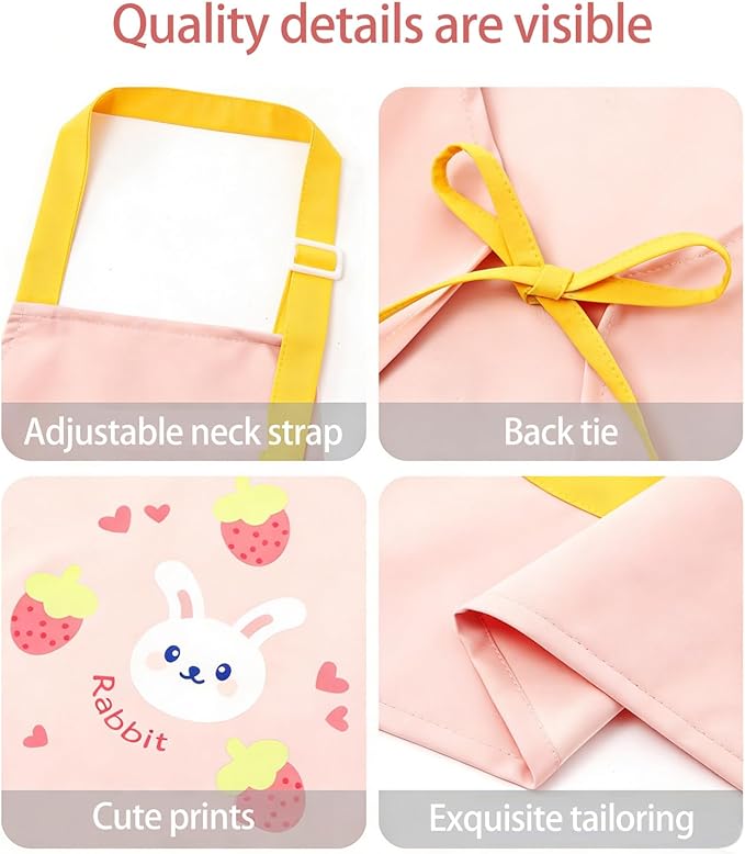 2-Piece Kids' Apron and Chef Hat Set, Adjustable with Pockets, for Children's Cooking, Baking, and Painting, Pink Floral Design for Boys and Girls Ages 3-6