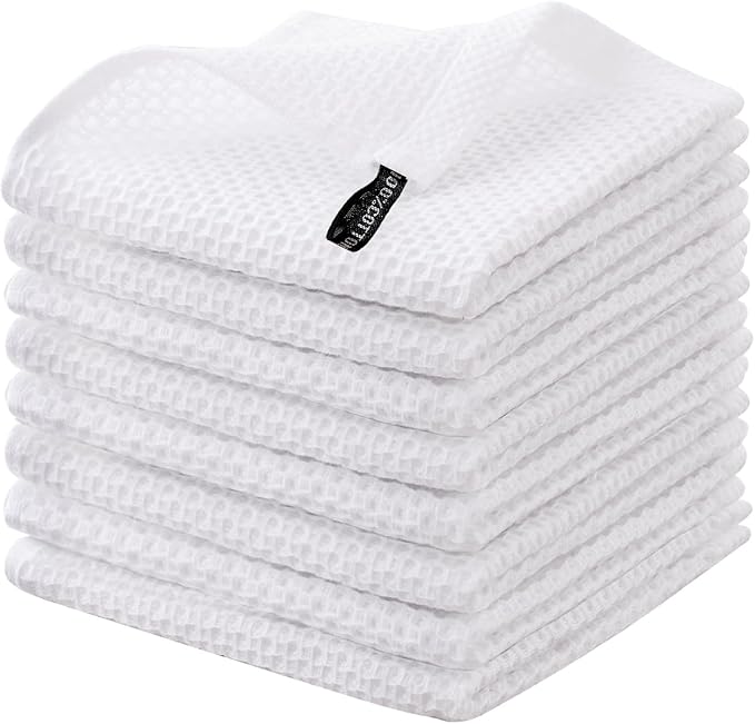 joybest Cotton Kitchen Dish Cloths, 8 Pack Waffle Weave White Washcloths Ultra Soft Absorbent Dish Towels Quick Drying Dish Rags, 12x12 Inches