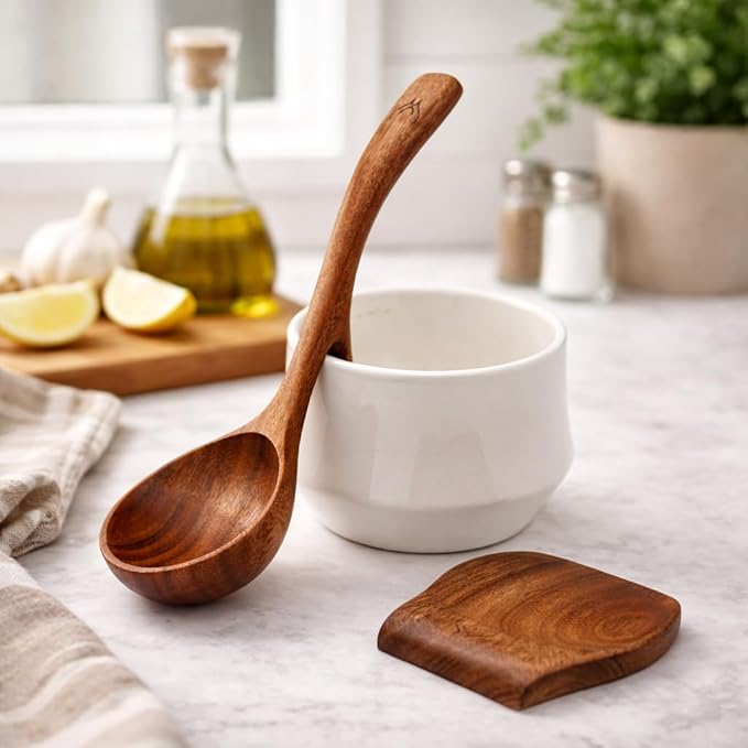 2Pcs Wooden Ladle Set included Teak Wood Soup Spoons with Hook Handles for Cooking wih Large Spoon Rest, Serving, Stirring – Non-Stick Wooden Spoons for Pot & Bowl