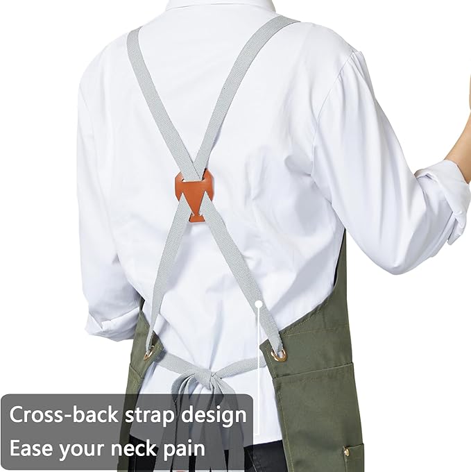 KITCHIEF Pottery Apron Split Leg,Cross Back Chef Apron with Pockets,Painting Apron with Adjustable Straps for Cooking,Baking,BBQ,Ceramic,Gardening(Army green)