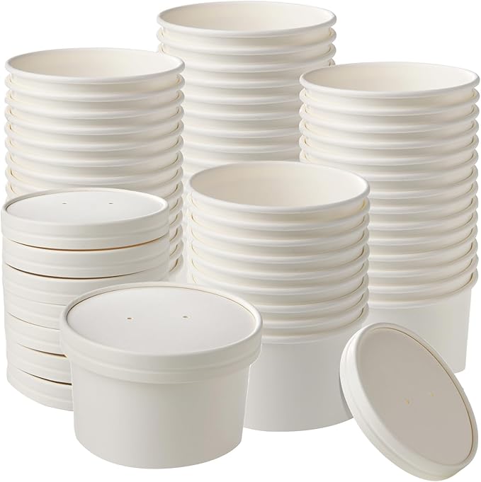 50 Count (16 oz) One - Pint Frozen Dessert Containers with Lids, Ice Cream Cups with Lids, Paper Soup Containers with lids(Wide Mouth)