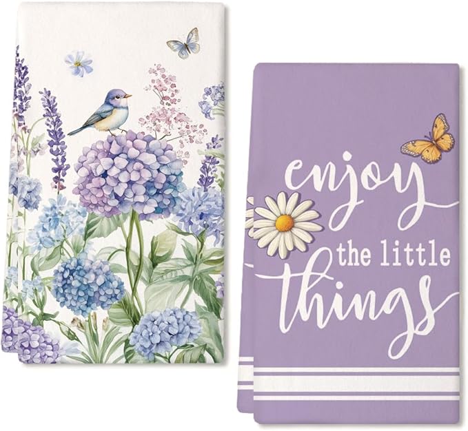 Purple Hydrangea Spring Kitchen Towels Set of 2,Bird Floral Dish Hand Towels Farmhouse Indoor Outdoor Holiday Seasonal Decorations DD089