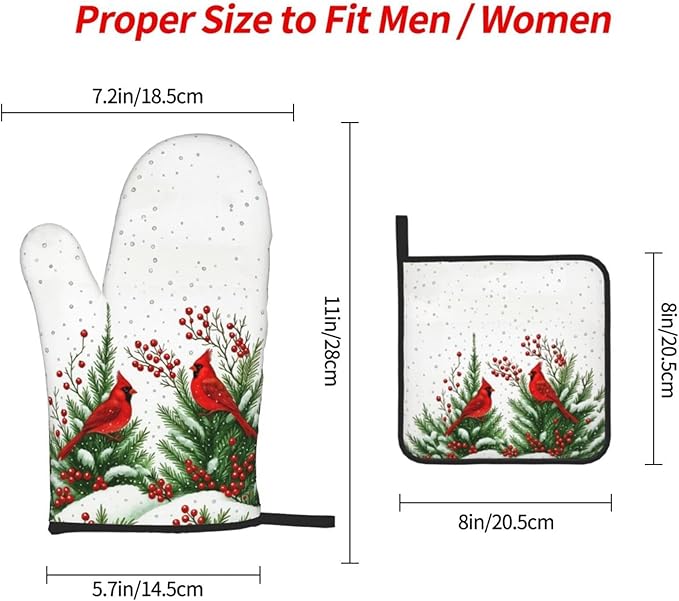 Red Cardinal Christmas Pot Holders and Oven Mitts Set, Christmas Holiday Oven Gloves Hot Pads for Baking Cooking Grilling BBQ, Cardinal Holiday Decor & Gifts for Women Baker Chef ﻿