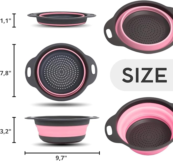 Pink Round Silicone Collapsible Colander – Small Silicone Round Kitchen Strainers with Plastic Handles Foldable Kitchen Strainer Perfect for Draining Pasta Vegetable and Fruit