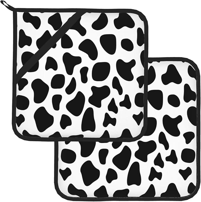 Pot Holders 2Pcs Black White Spots Cow Skin, Pot Holder for Kitchen Heat Resistant,Potholder for Microwave Cooking Baking Oven End Dishes and BBQ