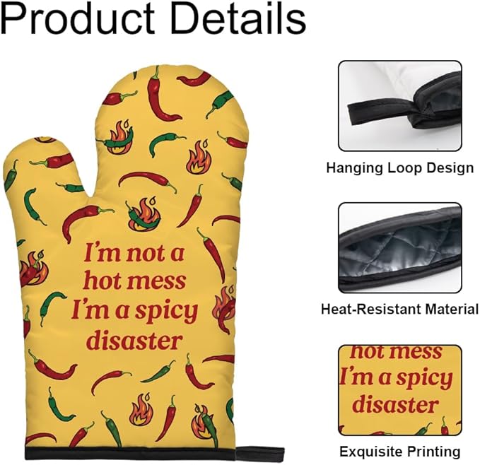 DYJYBMY I'm Not A Hot Mess I'm A Spicy Disaster Funny Oven Mitts and Pot Holder Set, Sarcastic Peppers Kitchen Gadgets for Women, Housewarming Gifts for Hostess, Baking Gifts for Mom Aunt Sister BFF