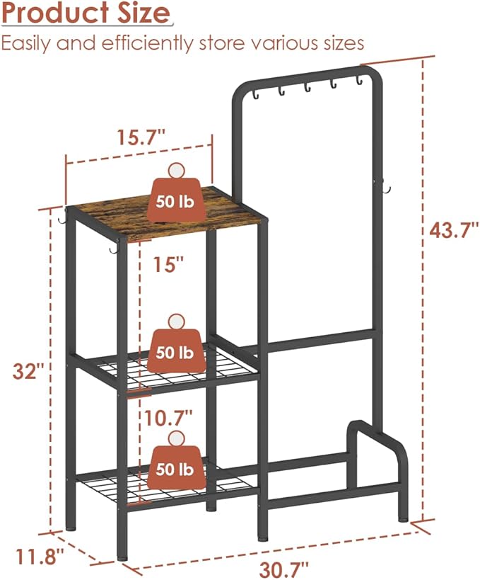 mocomax Kitchen Stand Shelf with Storage, 3-Tier Utility Baker's Rack for Spices, Adjustable Coffee Bar Station with 8 Hooks, Space-Saving Microwave Oven Stand for Pots, Pans & Utensils, Black