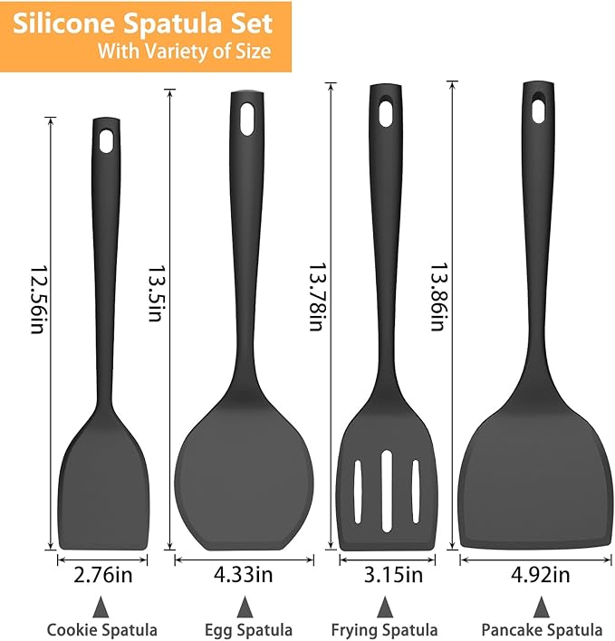 Silicone Spatula Turner Set, 600°F High Heat Resistant Spatulas for Cooking, BPA Free, Large Flexible Kitchen Utensils Flipping Eggs, Pancakes, Fish, Burgers, Dishwasher Safe (4 Pack, Black)