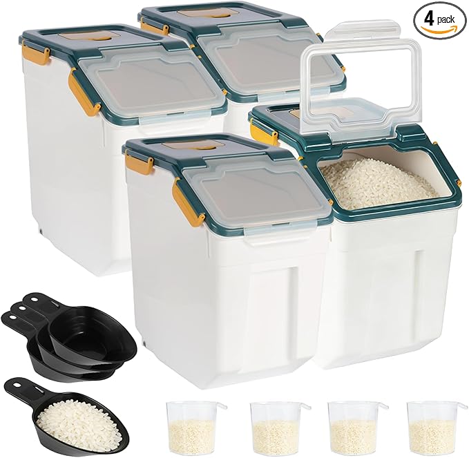 4 Pack Rice Container 25 lbs Large Bulk Flour Sugar Storage Holdhouse Plastic Grain Cereal Dry Goods Bin with Spoon and Measuring Cup for Kitchen Pantry Organization - Blue
