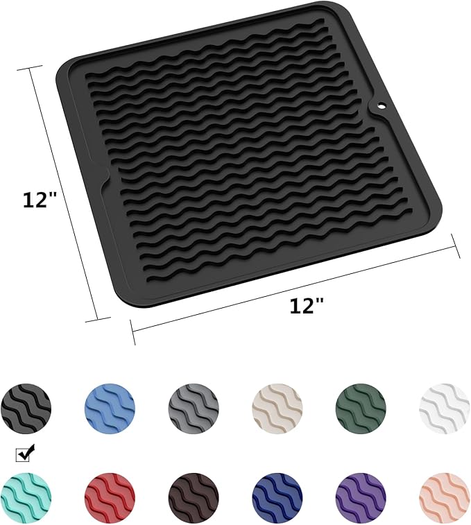 ZLR Silicone Dish Drying Mat 12" x 12" Square - Small Heat Resistant Trivet & Countertop Protector for Air Fryer, Coffee Maker - Waterproof Kitchen Drain Pad for Cups, Fruit (Black)