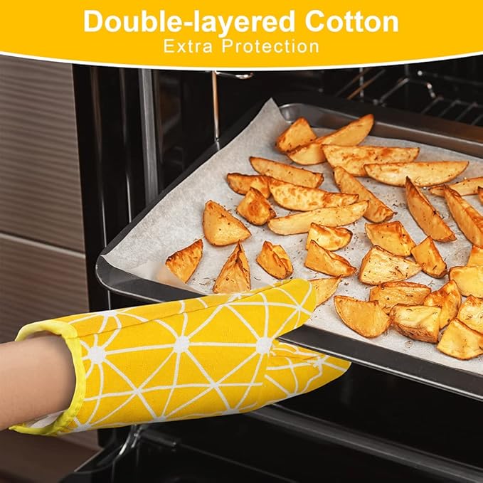 AUAUY Oven Mitts and Potholders BBQ Gloves-Oven Mitts and Pot Holders with Recycled Infill Silicone Non-Slip Cooking Gloves for Cooking Baking Grilling (6-Piece Set,Yellow)