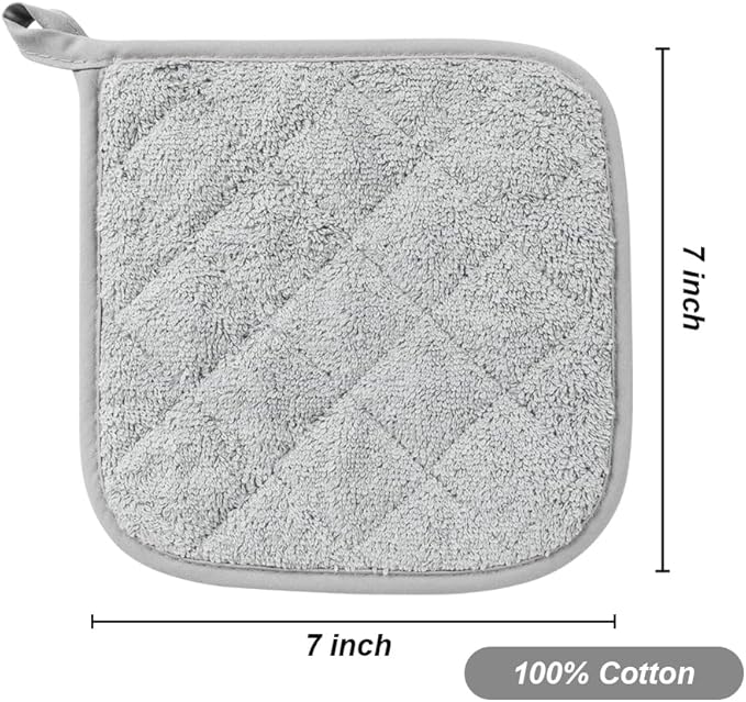 meioro 4-Pack Pot Holders for Kitchen High Heat Resistant Potholder, 100% Cotton Hot Pads, Quilted Terry Hot Pot Holder Set for Kitchens, Washable Trivet for Cooking and Baking 7x7 Inches (Dark Grey)