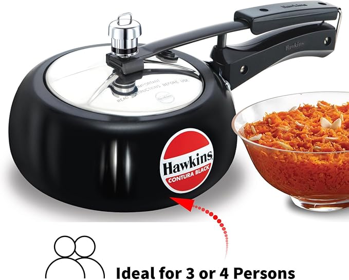 Hawkins 2 Litre Contura Black Pressure Cooker, Hard Anodised Inner Lid Cooker, Handi Cooker, Small Cooker, Black (CB20)