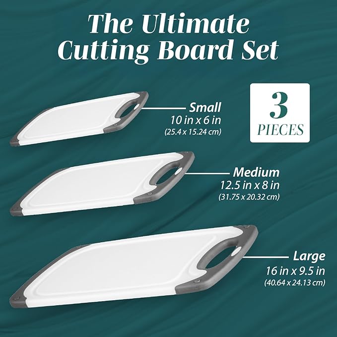 Cutting Boards for Kitchen - BPA-Free Chopping Board - Different Sizes & Non Slip Handles - Reversible, Large Cutting Board Set - Unique Gifts for Cooks Who Have Everything - 3-Pack Gray