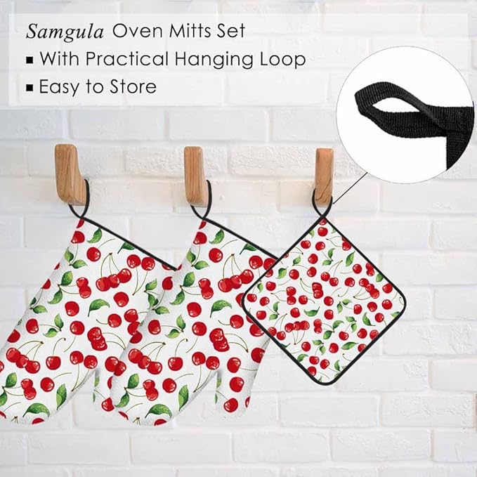 Red Cherry Oven Mitts and Pot Holders Sets Bright Cartoon Fruit Vibrant Heat Resistant 3pcs for Cooking Baking BBQ