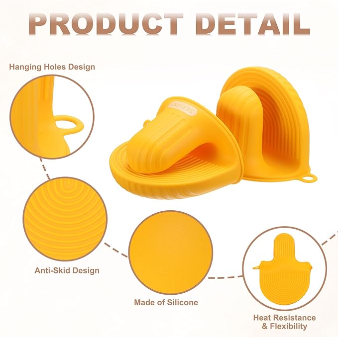 uxcell 2 Pcs Silicone Oven Mitts, Heat Resistant Mini Oven Gloves Silicone Pot Holders Mini Finger Protector Cooking Pinch Grips for Air Fryer Kitchen Cooking & Baking, Yellow