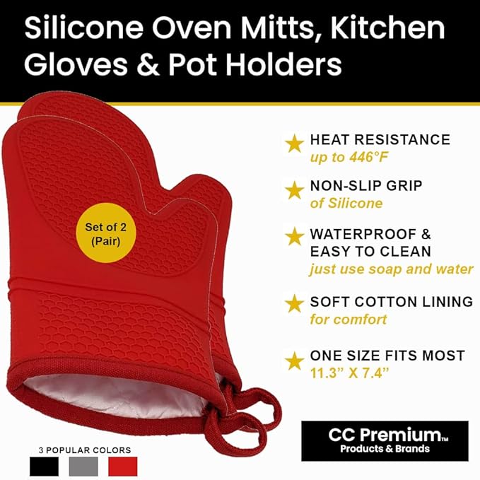 Oven Mitts Heat Resistant Silicone, Kitchen Gloves & Pot Holders, Cotton Lining, Non-Slip, Flexible, Durable, Easy Clean, Cooking, Baking, Grilling, Double Sided (Pair of 2 Oven Mitts) Red