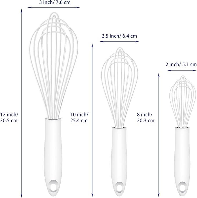 OYV White Silicone Whisk, Sealed Waterproof Design Set of 3, Professional Kitchen Whisks for Cooking Non-Scratch, Silicone&Stainless Steel Whisk, Heat Resistant 480°F Rubber wisk, BPA free
