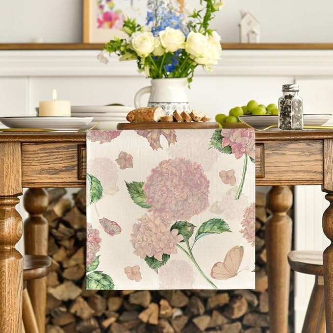 Artoid Mode Pink Hydrangea Butterfly Spring Table Runner, Seasonal Summer Holiday Kitchen Dining Table Decoration for Home Party Decor 13x72 Inch