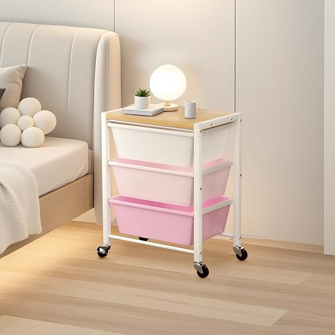 Rolling Cart with 3 Drawers, Plastic Drawer Storage Carts with Lockable Wheels & Wooden Tabletop, Metal Utility Cart Organizer, Office Bedroom Classroom Craft Organization and Storage, Bright Pink