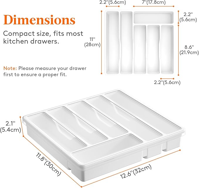 Lifewit Silverware Organizer with Lid, Covered Utensil Tray for Kitchen Drawer and Countertop, Plastic Cutlery and Flatware Storage Box for Spoons Forks Knives Holder Case, 12.6x11.8", White