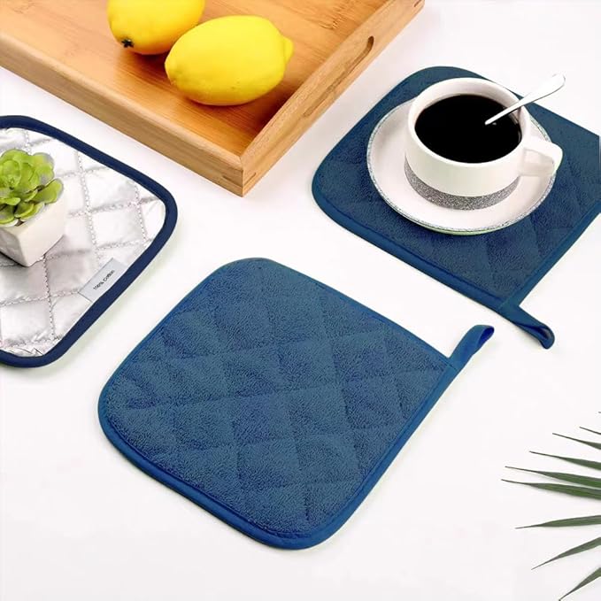 meioro 4-Pack Pot Holders for Kitchen High Heat Resistant Potholder, 100% Cotton Hot Pads, Quilted Terry Hot Pot Holder Set for Kitchens, Washable Trivet for Cooking and Baking 7x7 Inches (Blue)