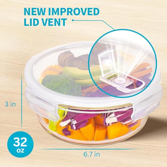 Igluu Meal Prep Round Glass Containers with Air Vent Lids (5 Pack+Extra Lid) – Airtight & BPA-Free – Oven, Microwave, Freezer and Dishwasher Safe – 32oz – Durable Borosilicate Glass