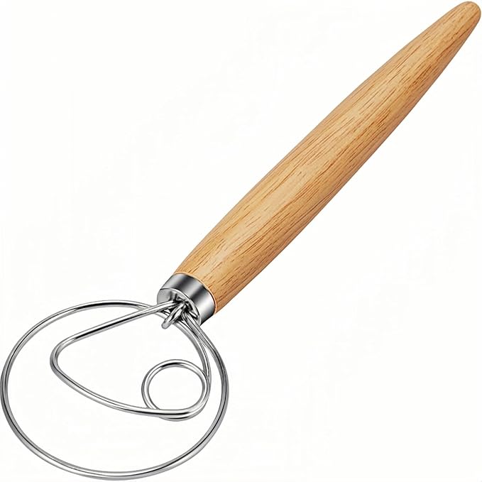 Danish Dough Whisk Stainless Steel Hook Dutch Bread Mixer for Sourdough Baking Hand Tool with Wooden Handle Making Blending Pastry Pizza Dough