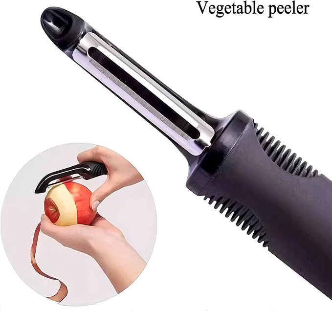 Swivel Vegetable Peeler with Non-Slip Ergonomic Handle, Rust-Proof Steel Blades, Built-in Potato Eye Remover, Plastic Blade Guard, Kitchen Peeler for Potato, Carrot, Apple, Veggie, Fruit, Black