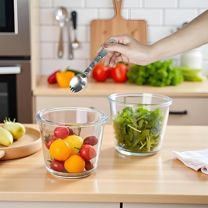 H.JSS WDJS 3 Cup Round Glass Meal Prep Containers with Lids,24oz Glass Food Storage Containers with Spoons, Heat-Resistant BPA-Free for Soup, Leftover, Oven, Dishwasher, Fridge, Freezer Safe (2 Pack)