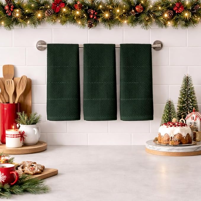 Serafina Home Dark Green Kitchen Dish Towels: 100% Cotton Cloth Soft Cleaning Drying Absorbent Textured Terry Loop, Set of 3 Multipurpose for Everyday Use
