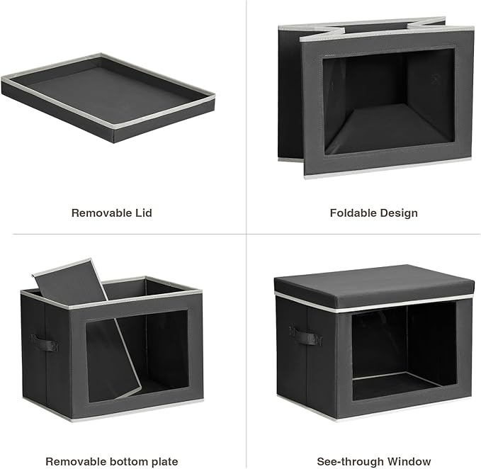 Homsorout Stackable Storage Bins with Lids - Large Storage Box with Lids, Foldable Closet Boxes for Organizing, Wardrobe Clothes Organizer with Window, Cubes Bins for Living Room, 3 Pack, Dark Grey