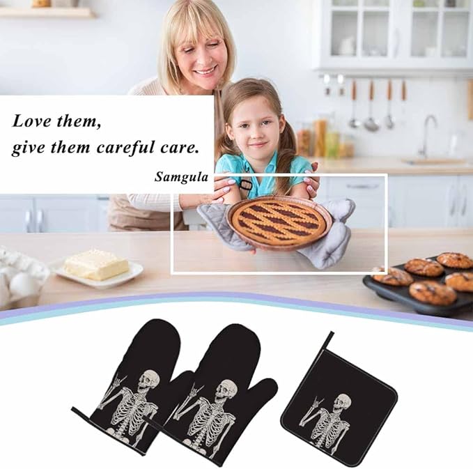 Human Skeleton Oven Mitts and Pot Holders Sets Funny Pose Happy Face Heat Resistant 3pcs for Cooking Baking BBQ