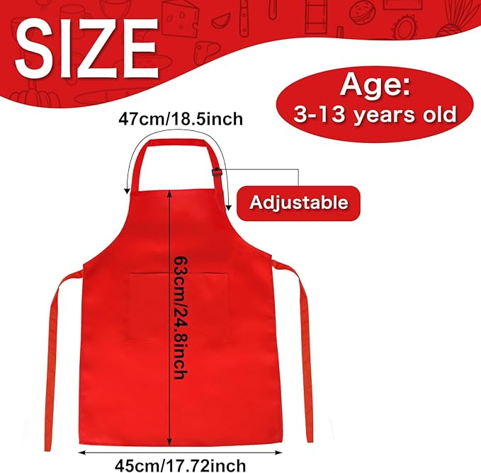 PLULON 15Pcs Kids Aprons Bulk Painting Apron for Kids, Paint Art Apron Adjustable Children Chef Aprons with 2 Pockets for Girls Boys Painting Baking Cooking Crafsting (Red)
