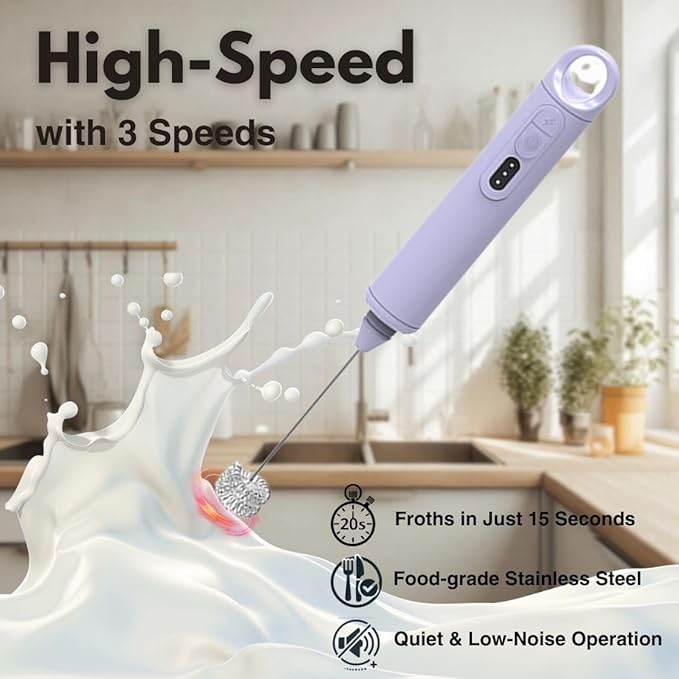 Rechargeable Milk Frother Handheld 3 Speed Coffee Foamer [3 Whisk] Electric Drink Mixer for Latte, Cappuccino, Coffee, Eggs, Hot Chocolate, Purple