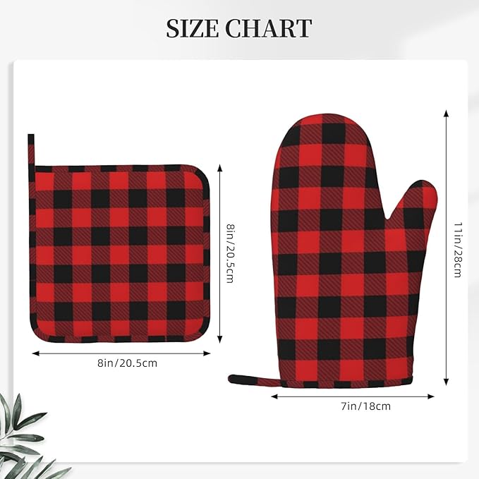 Buffalo Plaid Black and Red Oven Mitts and Pot Holders Set, 4pcs Black Red Plaid Silicone Oven Glove for Kitchen Heat Resistant Oven Mitts and Potholders Non-Slip for Cooking