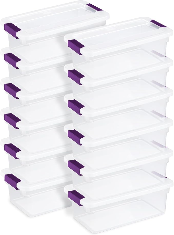 Sterilite 6 Qt ClearView Latch Box, Stackable Storage Bin with Latching Lid, Organize Clothes, Shoes in a Closet, Clear Base and Lid, 12-Pack