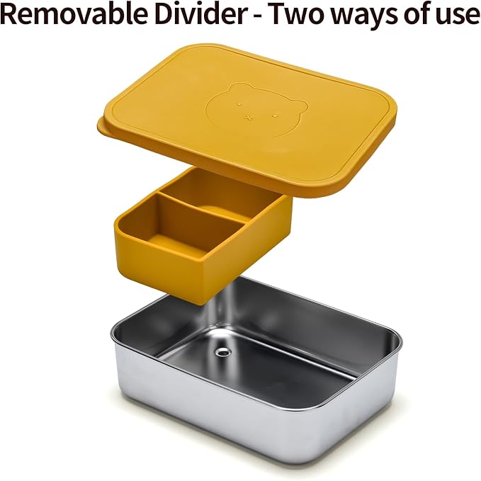 Stainless Steel Bento Box for Kids Adults, Toddler Lunch Box Containers with Silicone Lid,Removable 3 Compartment Design,Leakproof Snack Container, BPA Free, Dishwasher Safe-(1200ml,Yellow)