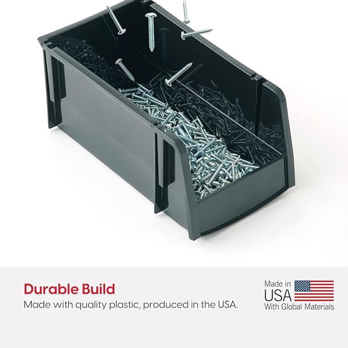 IRIS USA Medium Stackable Storage Bins, 8-Pack, 11" L x 6" W x 5" H, |Made in USA|, Plastic Open Front Shelf Bin for Organizing Parts, Hardware, Tools, Supplies, Garage Shelf, Pantry - Black
