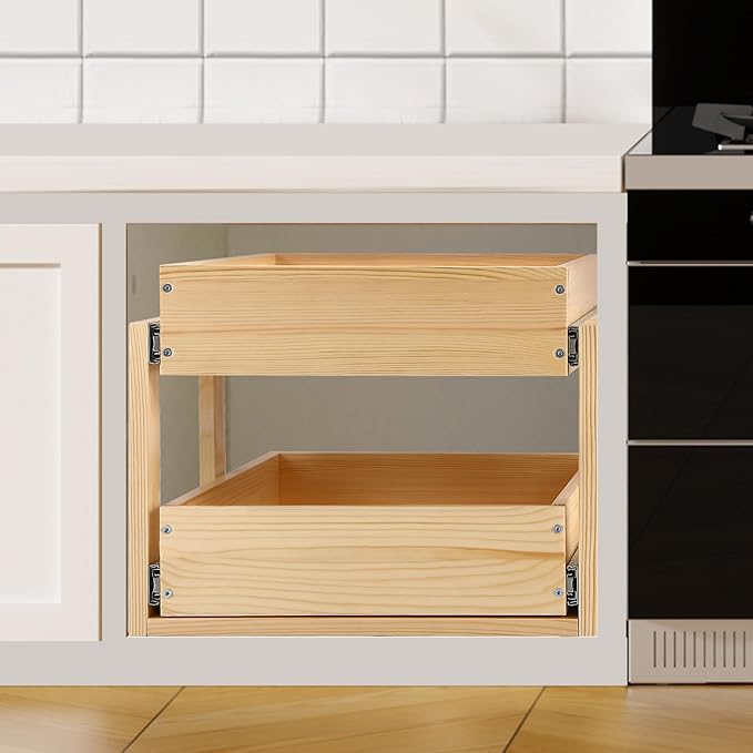Mulush Pull Out Cabinet Organizer, 17''W×21''D×16''H Soft Close Slide Out Wood Drawer Shelves Storage for Kitchen, 2-Tier, Finished, Heavy-Duty, Bottom Assembly