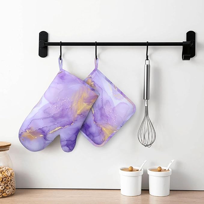 Oven Mitts and Pot Holders Pastel Purple Marble Silicone Kitchen Accessories Set of 2 Heat Resistant Long Gloves Potholder Non-Slip Grip for Chef Cooking Baking Grilling BBQ