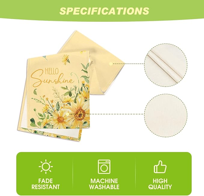 Artoid Mode Yellow Hello Sunshine Sunflower Eucalyptus Summer Table Runner, Seasonal Spring Kitchen Dining Table Decoration for Home Party Decor 13x72 Inch