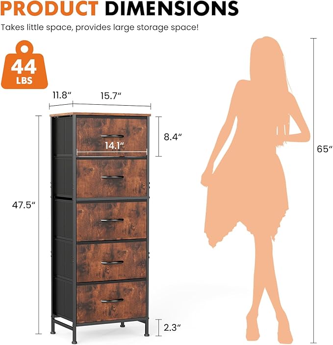 Sweetcrispy 5 Drawer Dresser with Fabric Bins, Sturdy Steel Frame and Wood Top, Storage Organizer Chest for Bedroom, Closet, Hallway, Brown