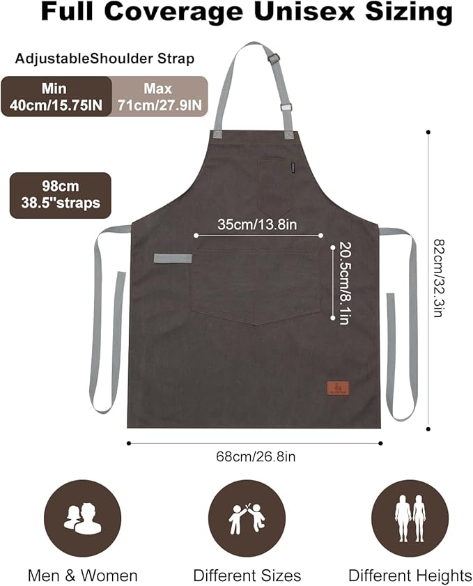 Womens Apron with Pockets Adjustable Shoulder Strap,Aprons for Men 38.5" Extra-Long Straps Fit More Body Types,Chef Apron for Kitchen Garden Barbecue Woodworking(Gray)