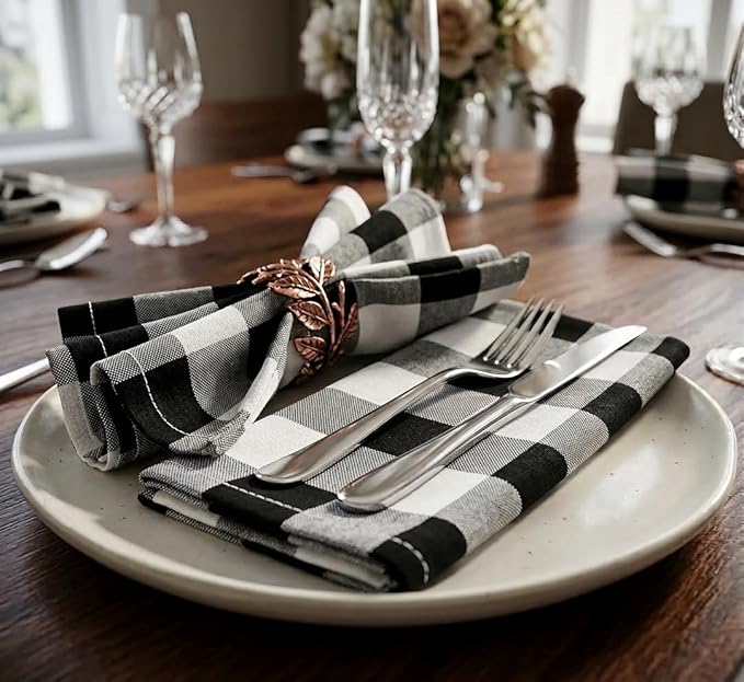 Gingham Check Cloth Dinner Napkin Set of 12 Black White 16x16 Inches, Premium Cotton Everyday Dinning Table Napkins Ideal for Wedding, Spring, Easter | Washable Checkered Soft Fabric for BBQ Events