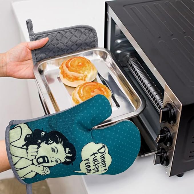 zcyhtqp, Dinner's Fxxking Ready, Funny Silicone Non-Slip Oven Mitts and Pot Holders Sets of 2, Kitchen Gift for Women, Baker Gifts for Mom, Housewife Cooking Gifts, Housewarming Presents