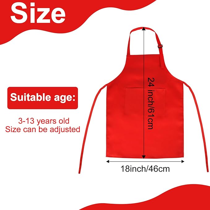 24 Pack Kids Apron Bulk with 2 Pockets Adjustable Chef Art Apron Kids Painting Aprons for Cooking Baking Painting Crafting Grilling Activity（Red）