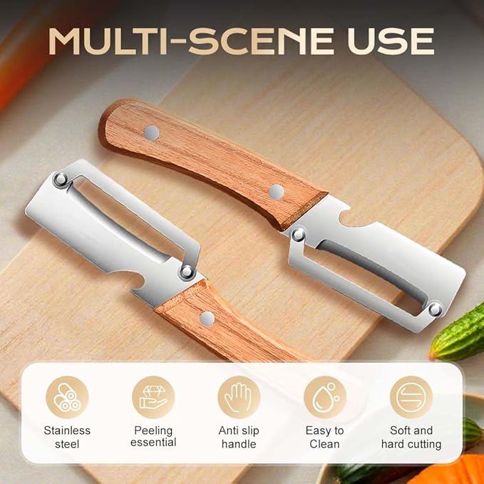 Vegetable Peeler with Wooden Handle, Multifunctional Fruit Peeler for Kitchen, Stainless Steel Blade Peeler with Built-in Bottle Opener (2PC)