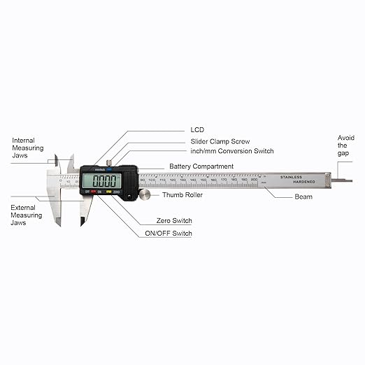 Digital Caliper 0-8" Measuring Tool with Metal Ruler, Micrometer Caliper with Auto-Off Feature, Interchangeable Between inches and millimeters for DIY/Household and 3D Printing, Black
