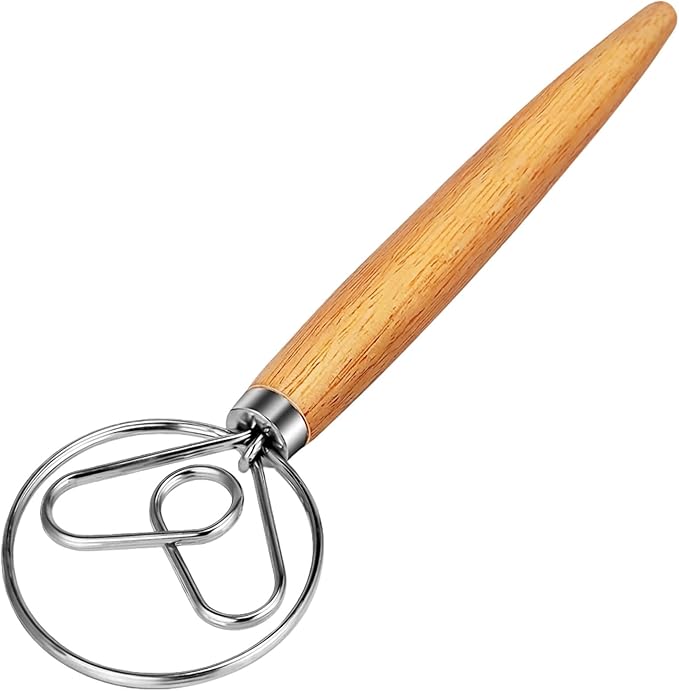 TEEVEA Danish Dough Whisk for Bread Sourdough, Wooden Handle & Stainless Steel Hook